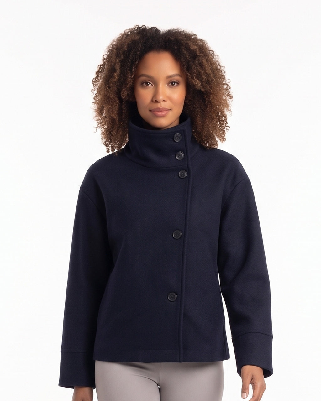 Cropped stand-collar wool jacket in dark navy with four-button front and long sleeves