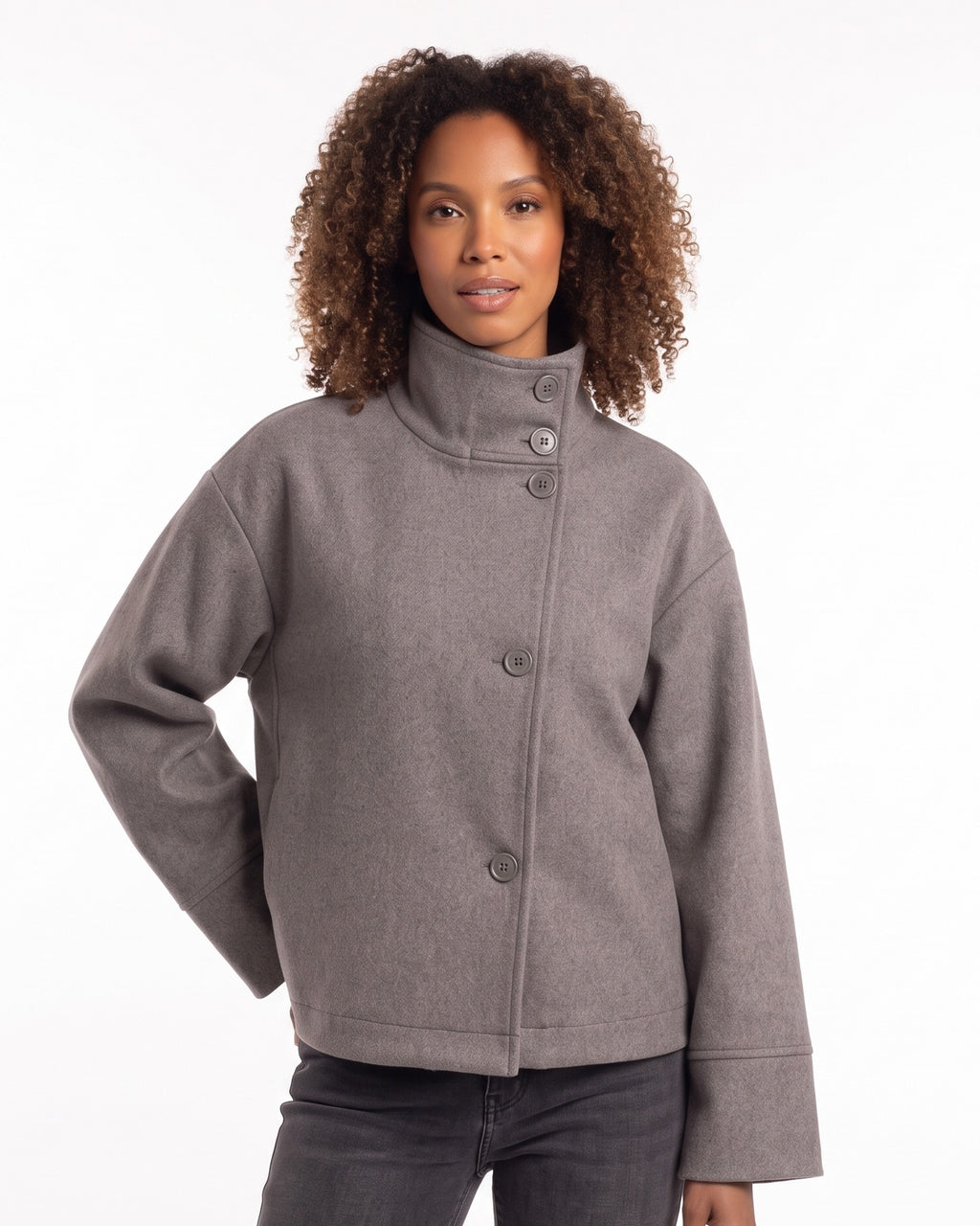 Cropped stand-collar wool jacket in medium gray with button front and long sleeves