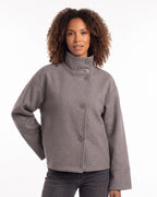Cropped stand-collar wool jacket in medium gray with button front and long sleeves