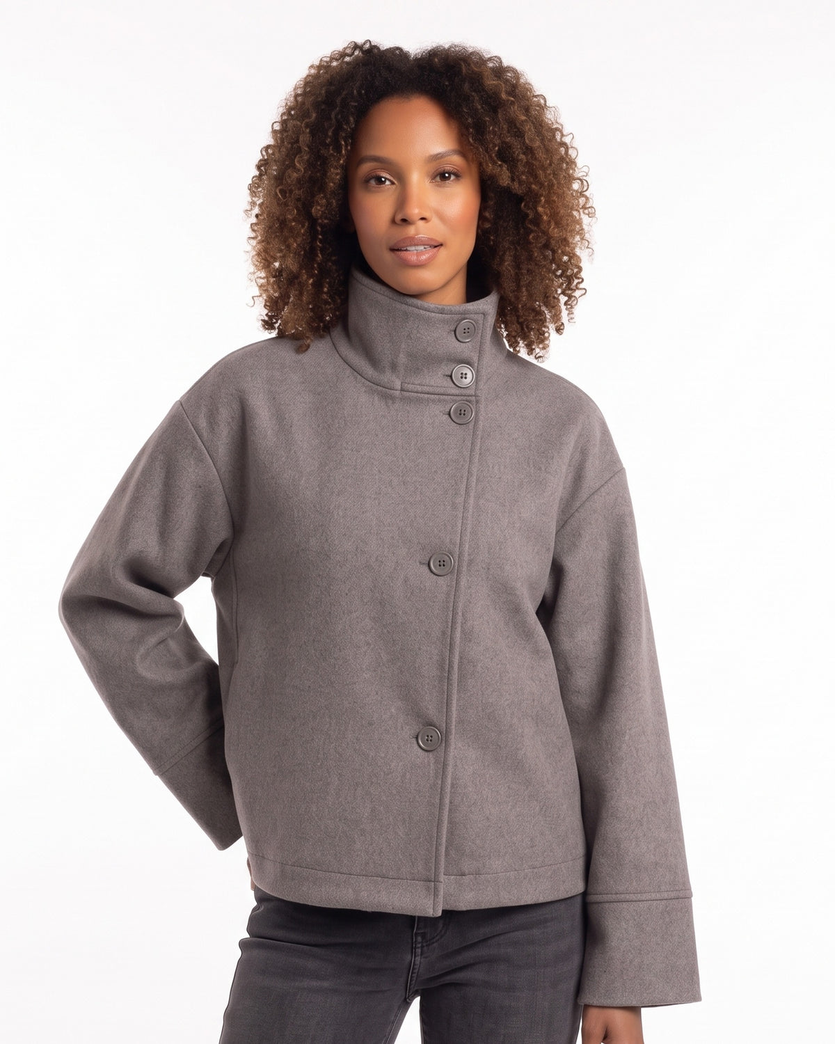 Cropped stand-collar wool jacket in medium gray with button front and long sleeves