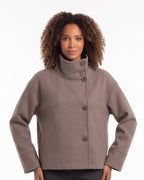 Cropped stand-collar wool jacket in taupe with button front and long sleeves