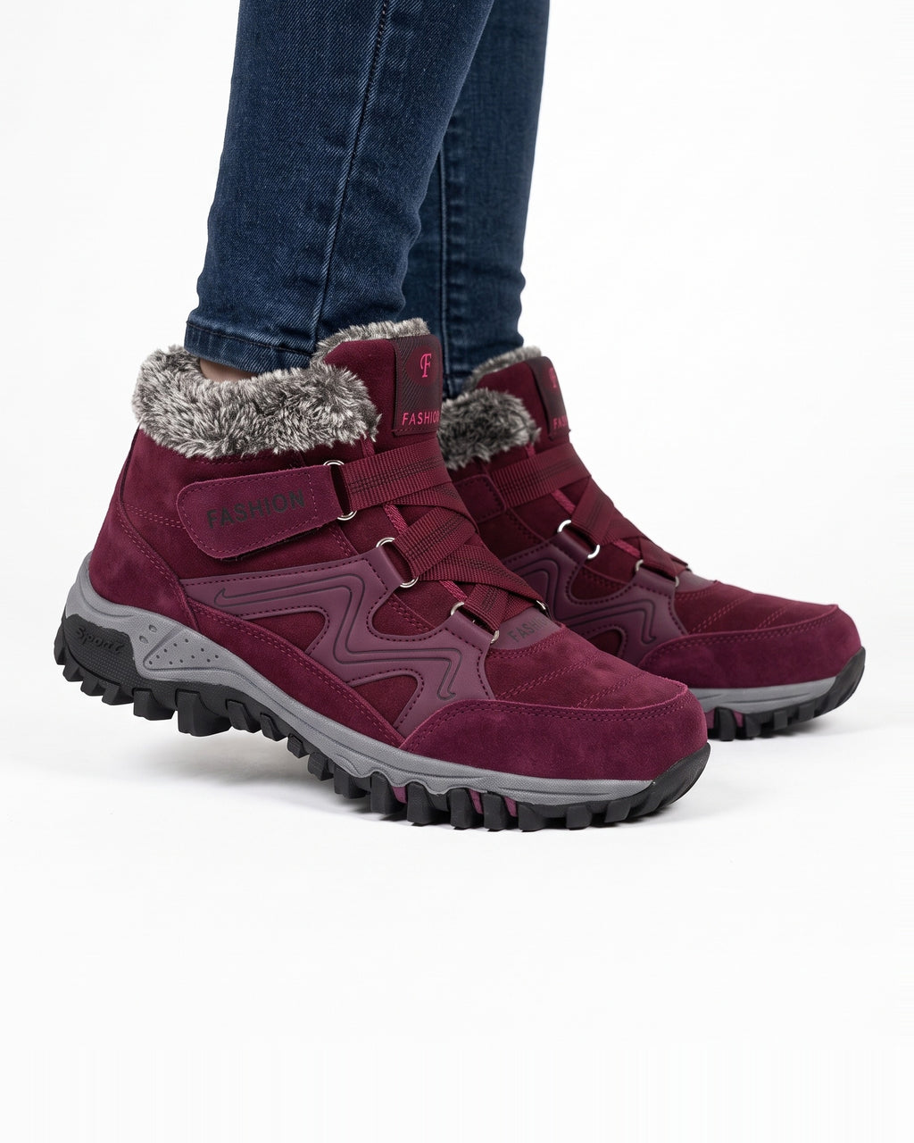Women’s burgundy faux suede fur-lined snow boots with hook-and-loop straps and lug tread