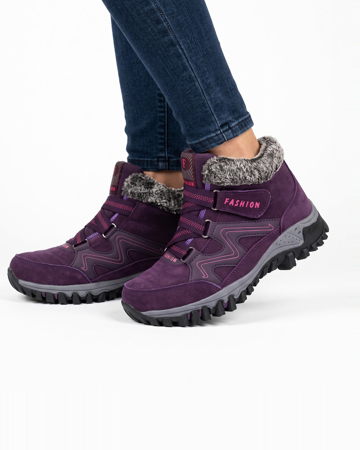 Women’s purple faux suede fur-lined snow boots with hook-and-loop straps and lug sole