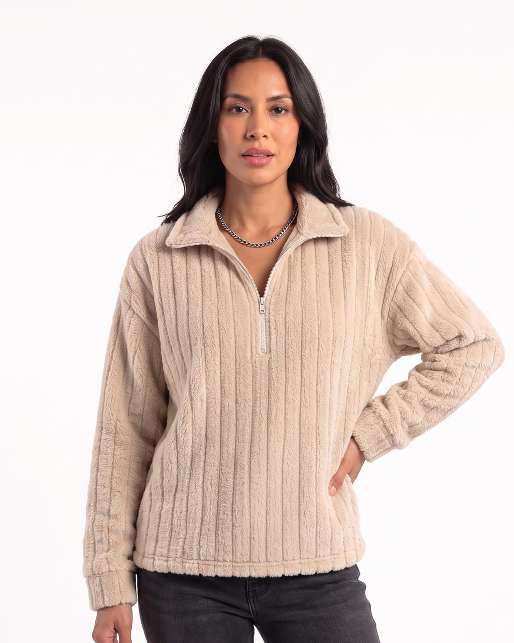 Beige fuzzy half-zip pullover with spread collar, ribbed plush fleece; worn with dark pants