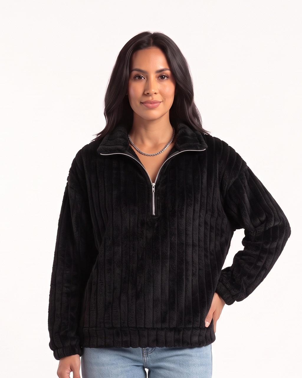 Black plush fleece half-zip pullover with spread collar, relaxed fit.