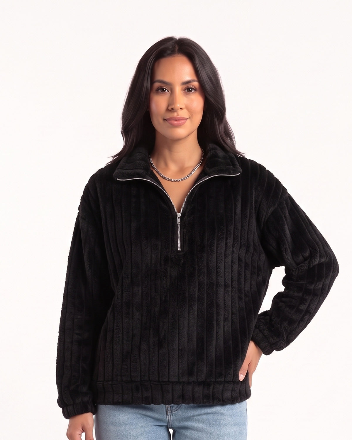 Black plush fleece half-zip pullover with spread collar, relaxed fit.