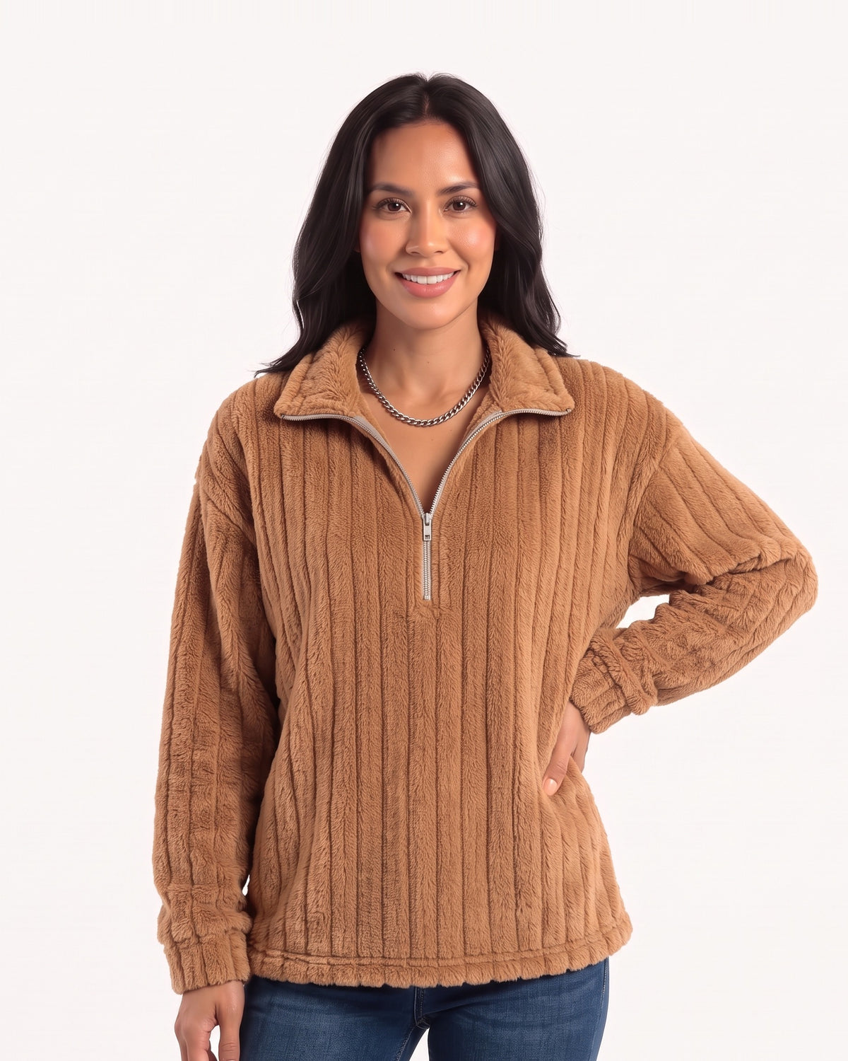 Camel plush fleece half-zip pullover with spread collar and relaxed fit.