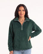 Dark green plush fleece half-zip pullover with spread collar and relaxed fit.