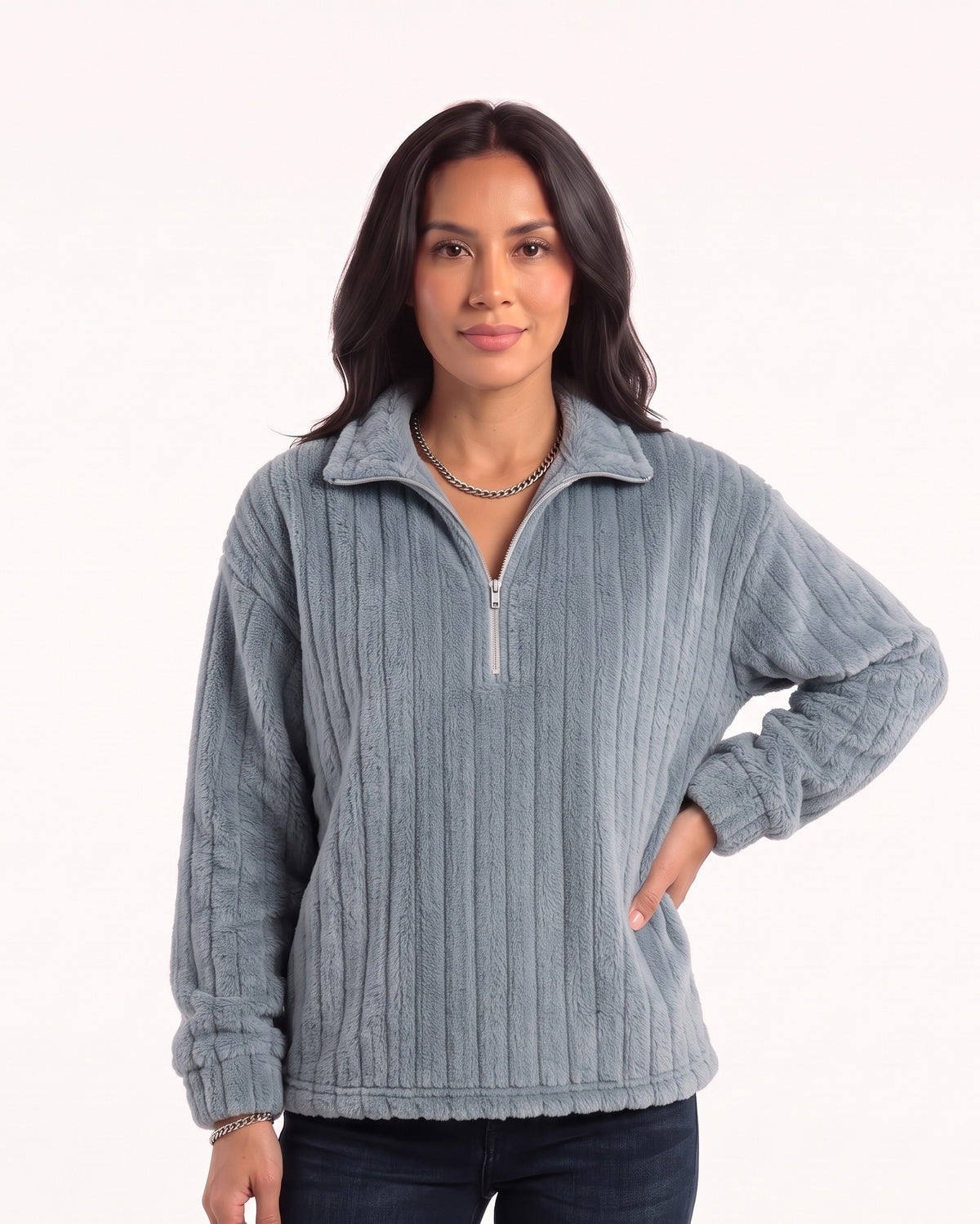Gray-blue plush fleece half-zip pullover with spread collar, relaxed fit.