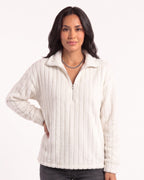 White plush fleece half-zip pullover with spread collar and ribbed texture.