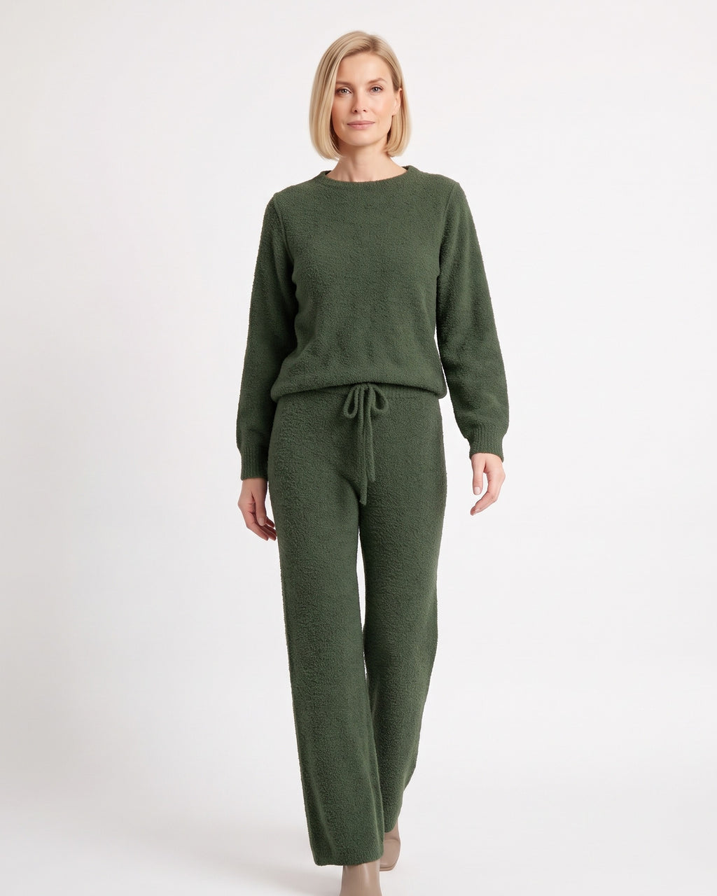 Women's fuzzy knit lounge set in army green: crewneck sweater and drawstring wide-leg pants
