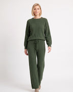 Women's fuzzy knit lounge set in army green: crewneck sweater and drawstring wide-leg pants