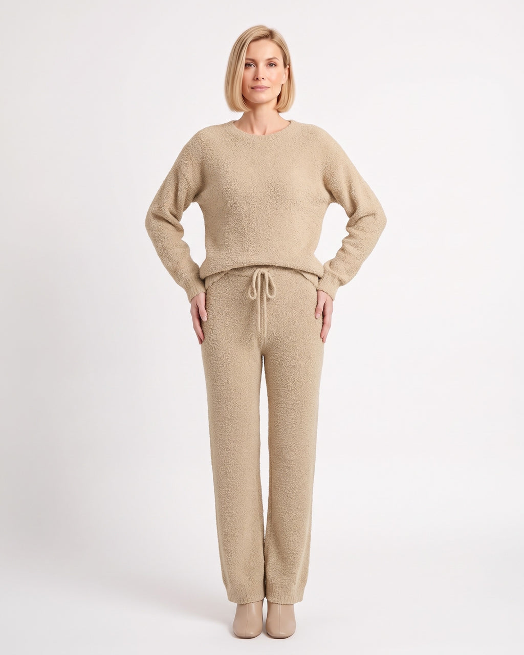 Beige fuzzy knit lounge set with crew neck sweater and wide-leg drawstring pants
