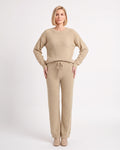 Beige fuzzy knit lounge set with crew neck sweater and wide-leg drawstring pants