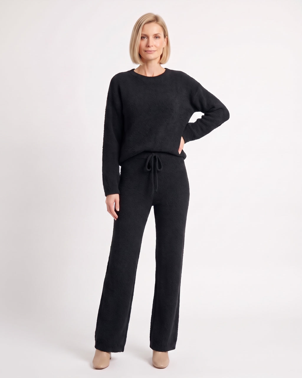 Black fuzzy knit lounge set with crew neck sweater and wide-leg drawstring pants