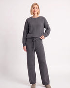 Women's fuzzy knit lounge set in dark gray: crewneck sweater and drawstring wide-leg pants