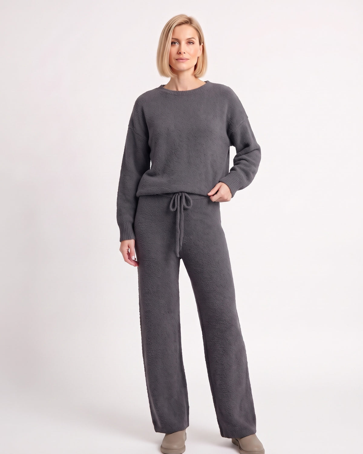 Women's fuzzy knit lounge set in dark gray: crewneck sweater and drawstring wide-leg pants