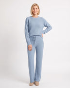 Light blue fuzzy knit lounge set with crew neck sweater and wide-leg drawstring pants