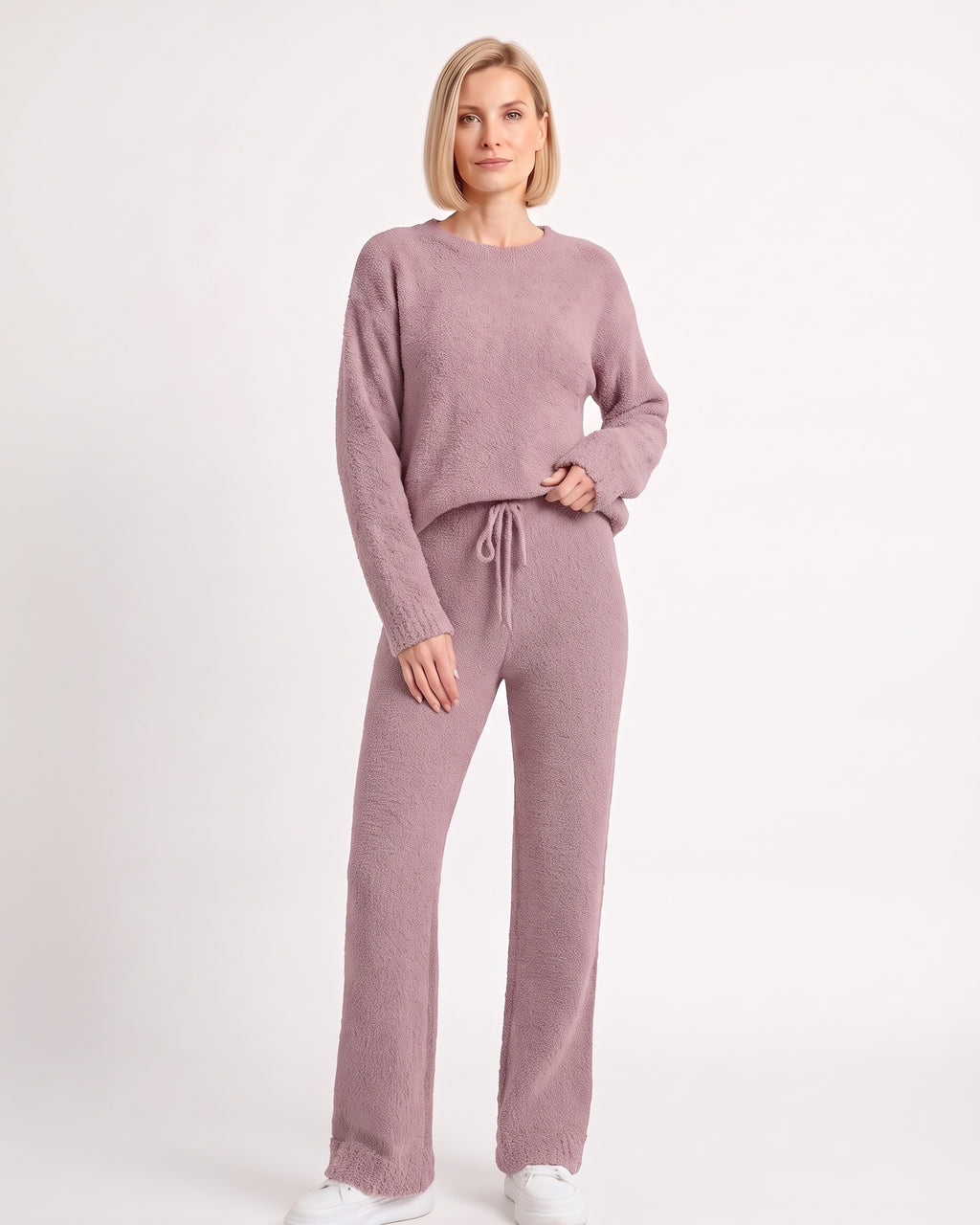 Mauve fuzzy knit lounge set with crew neck sweater and wide-leg drawstring pants