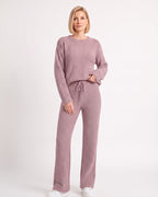 Mauve fuzzy knit lounge set with crew neck sweater and wide-leg drawstring pants