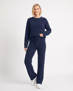 Navy fuzzy knit lounge set with crew neck sweater and wide-leg drawstring pants
