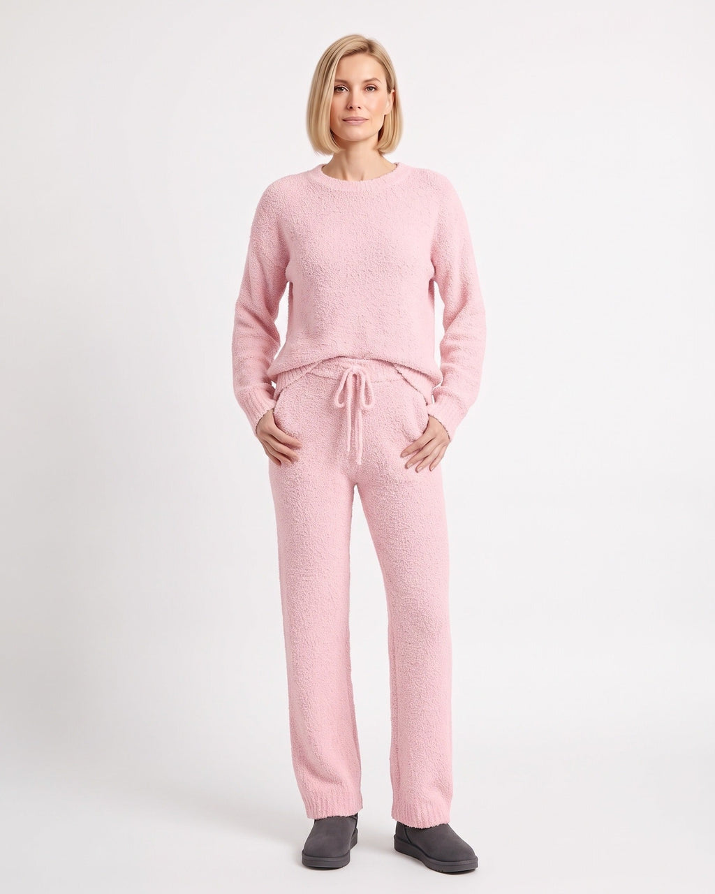 Women's fuzzy knit lounge set in dusty pink: crewneck sweater and drawstring wide-leg pants