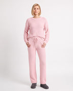 Women's fuzzy knit lounge set in dusty pink: crewneck sweater and drawstring wide-leg pants