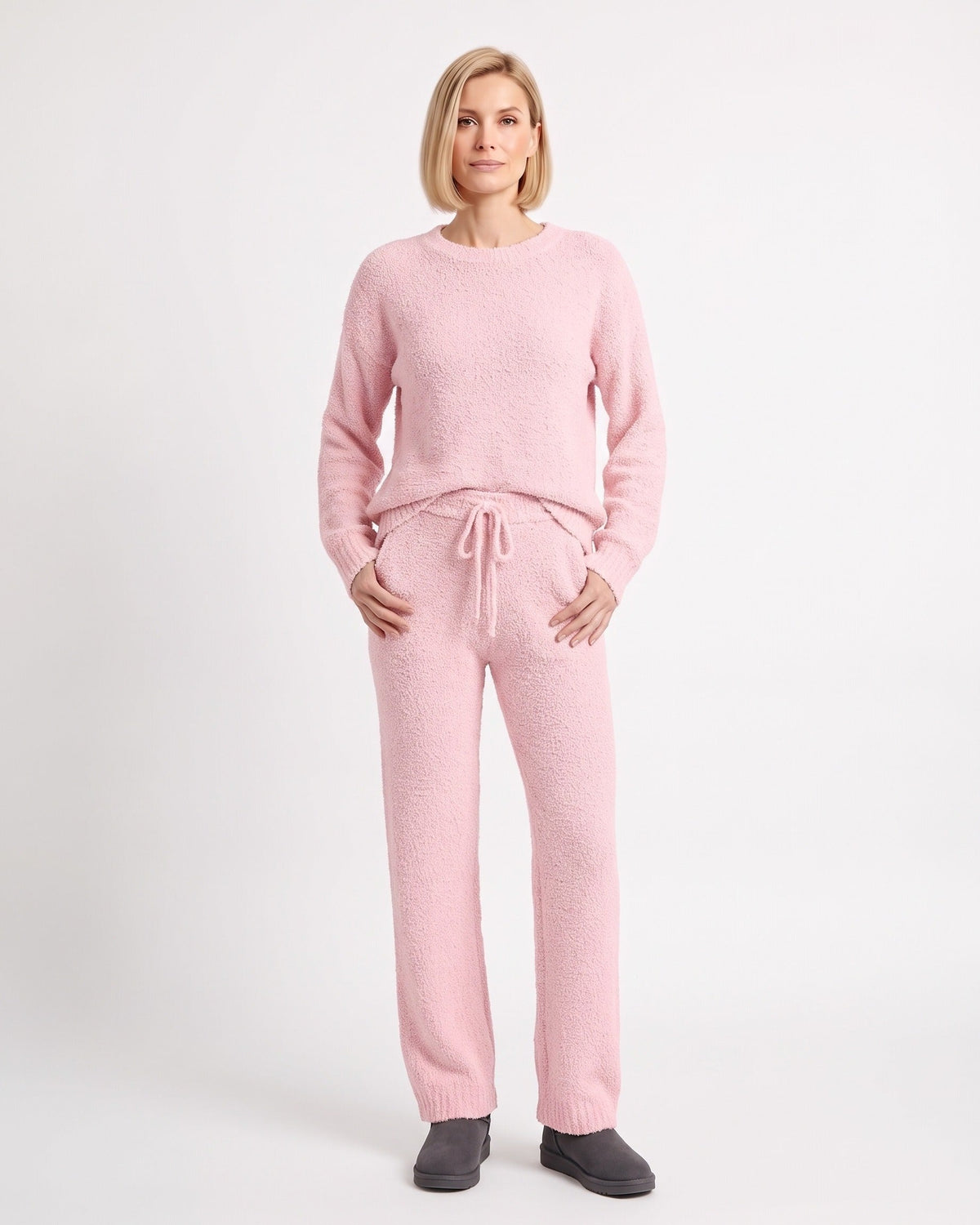 Women's fuzzy knit lounge set in dusty pink: crewneck sweater and drawstring wide-leg pants