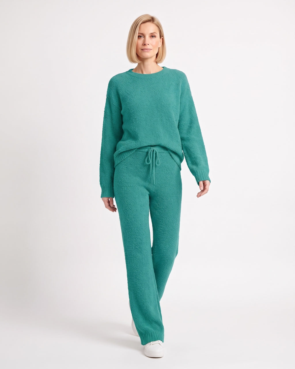 Teal fuzzy knit lounge set with crew neck sweater and wide-leg drawstring pants