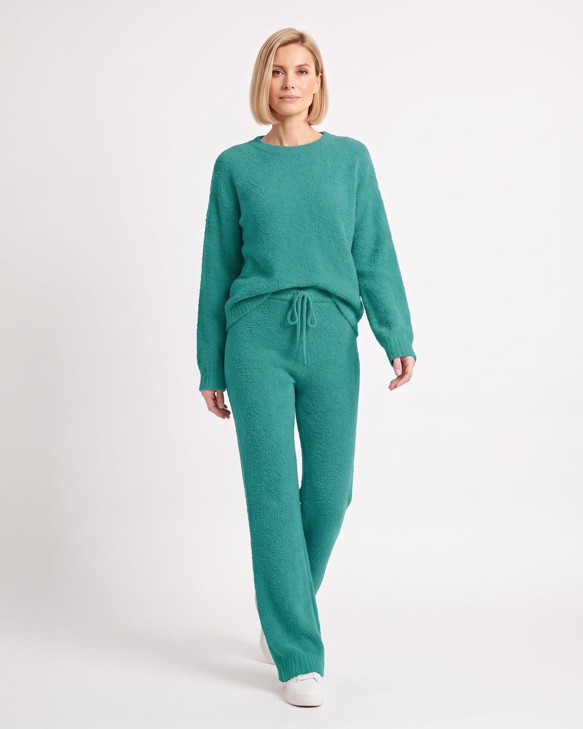 Teal fuzzy knit lounge set with crew neck sweater and wide-leg drawstring pants