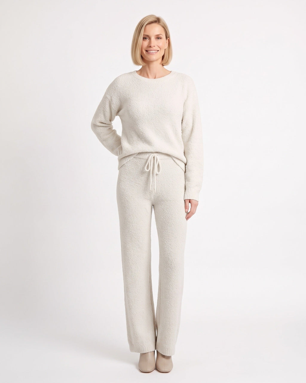 Women's fuzzy knit lounge set in light beige: crewneck sweater and drawstring wide-leg pants