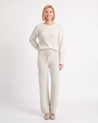 Women's fuzzy knit lounge set in light beige: crewneck sweater and drawstring wide-leg pants