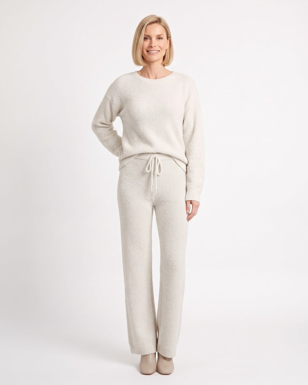 Women's fuzzy knit lounge set in light beige: crewneck sweater and drawstring wide-leg pants