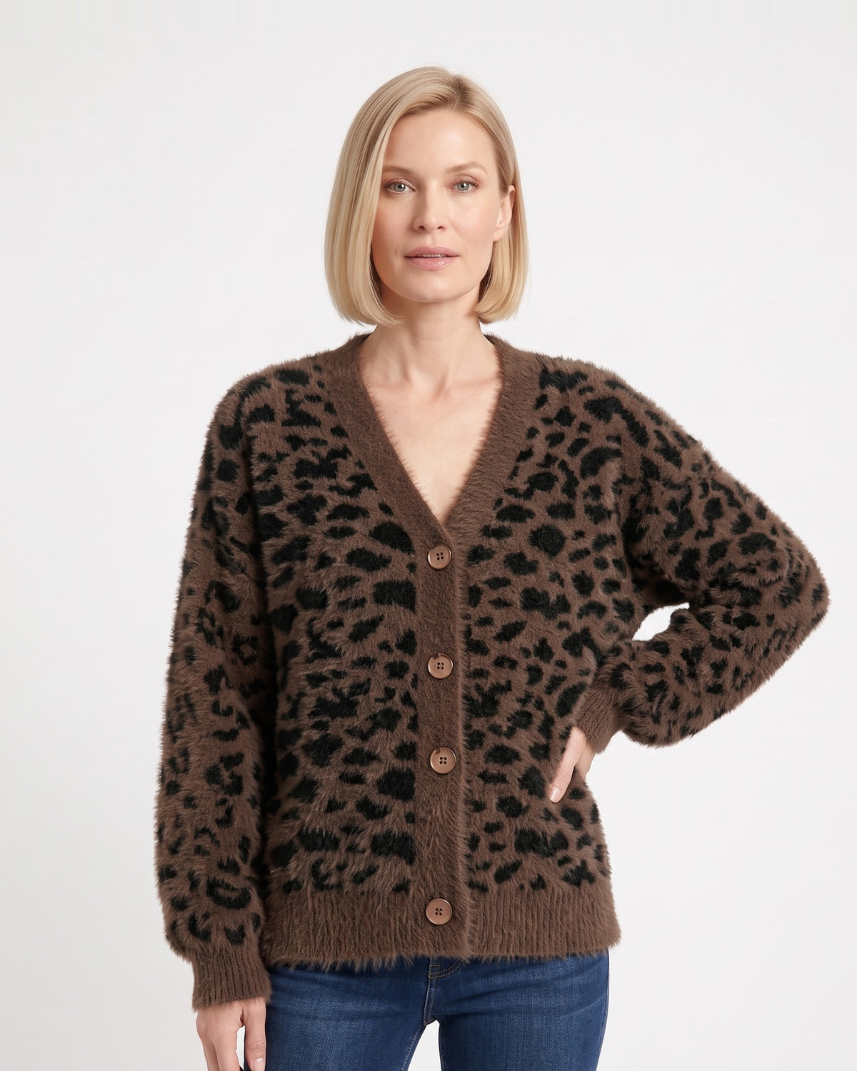 Fuzzy leopard print cardigan sweater, dark V-neck with button front and long sleeves