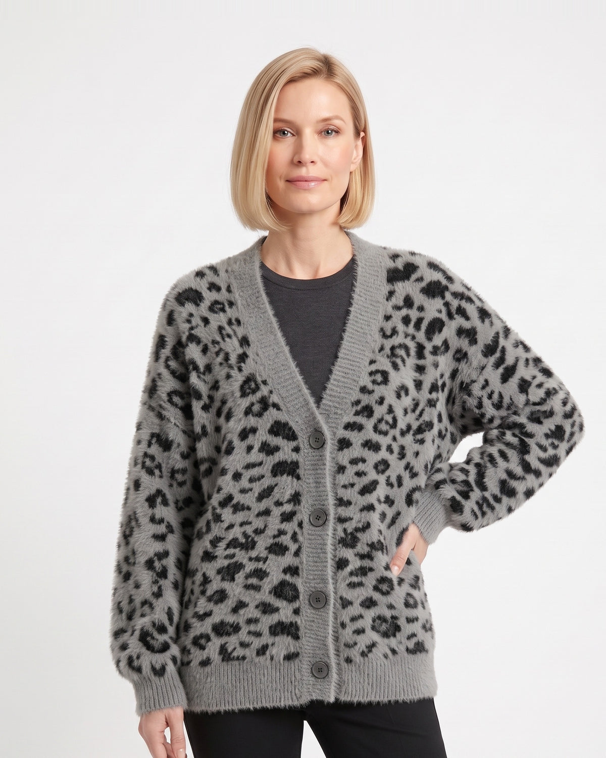 Fuzzy leopard print cardigan sweater, gray V-neck with button front and long sleeves