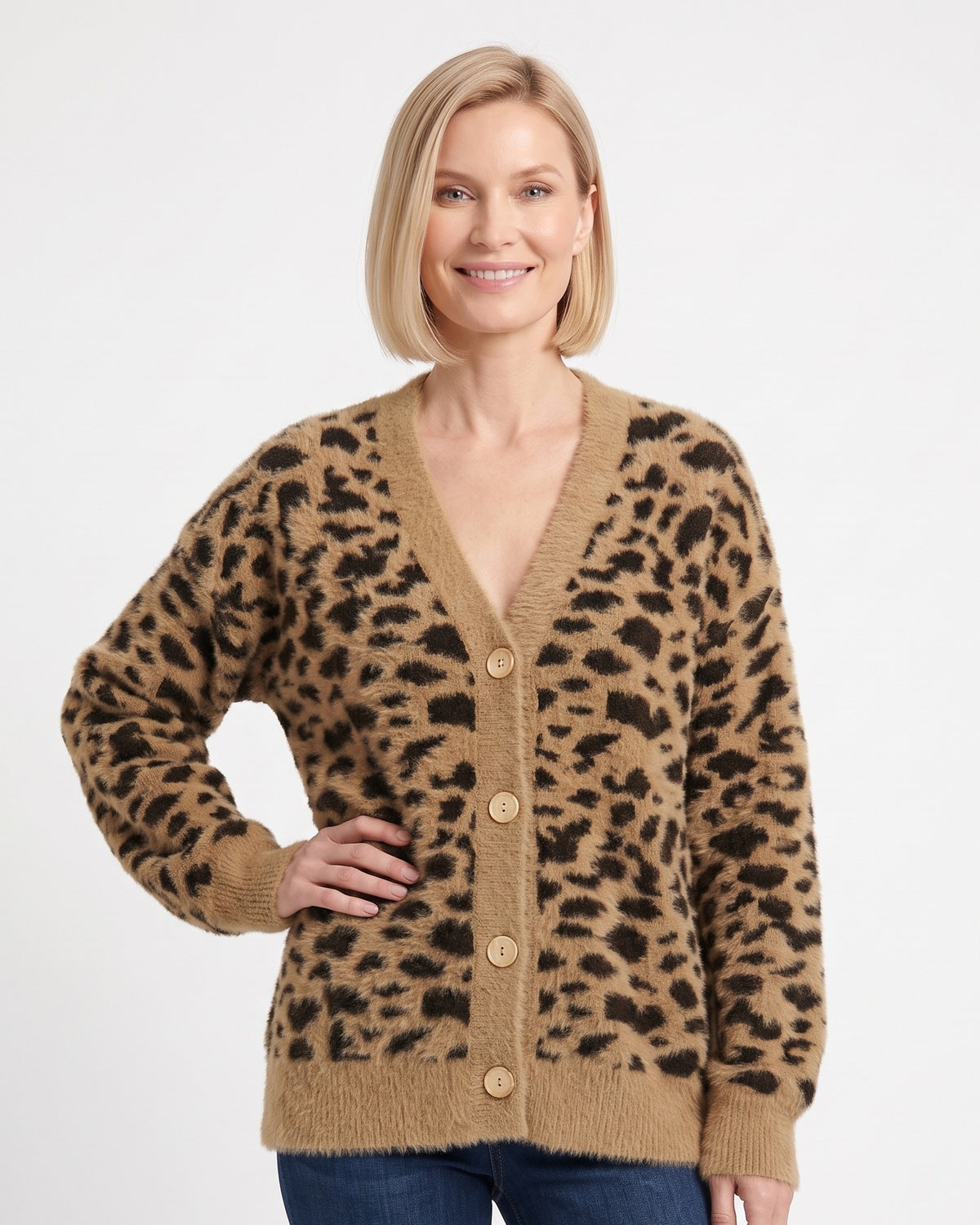 Fuzzy leopard print cardigan sweater, tan V-neck with button front and long sleeves