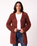 Women's brown fuzzy longline cardigan, shaggy loop knit V-neck with front buttons