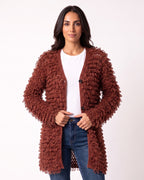 Women's brown fuzzy longline cardigan, shaggy loop knit V-neck with front buttons
