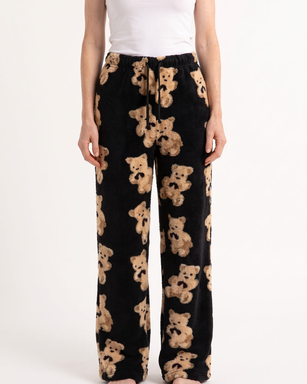 Women's teddy-print fuzzy lounge pants, wide-leg with elastic drawstring waist