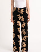 Women's teddy-print fuzzy lounge pants, wide-leg with elastic drawstring waist