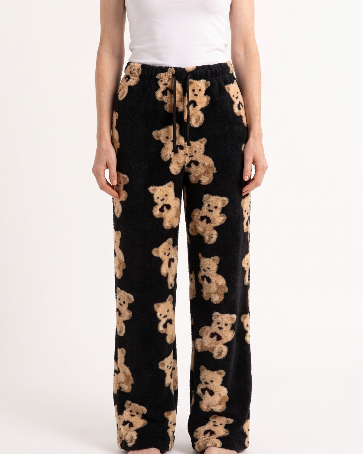 Women's teddy-print fuzzy lounge pants, wide-leg with elastic drawstring waist