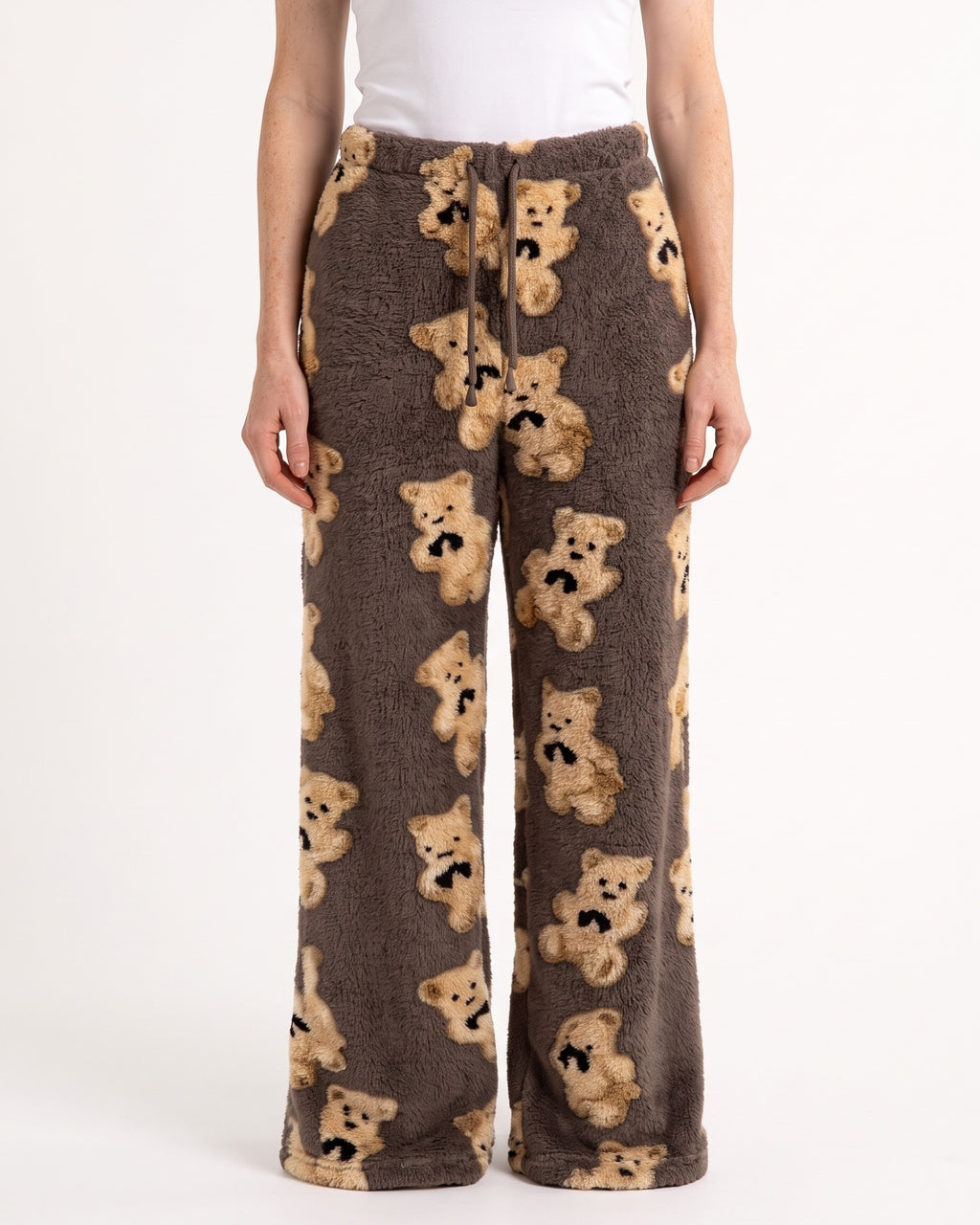 Women's brown teddy-print fuzzy lounge pants, wide-leg with elastic drawstring waist