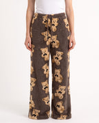 Women's brown teddy-print fuzzy lounge pants, wide-leg with elastic drawstring waist