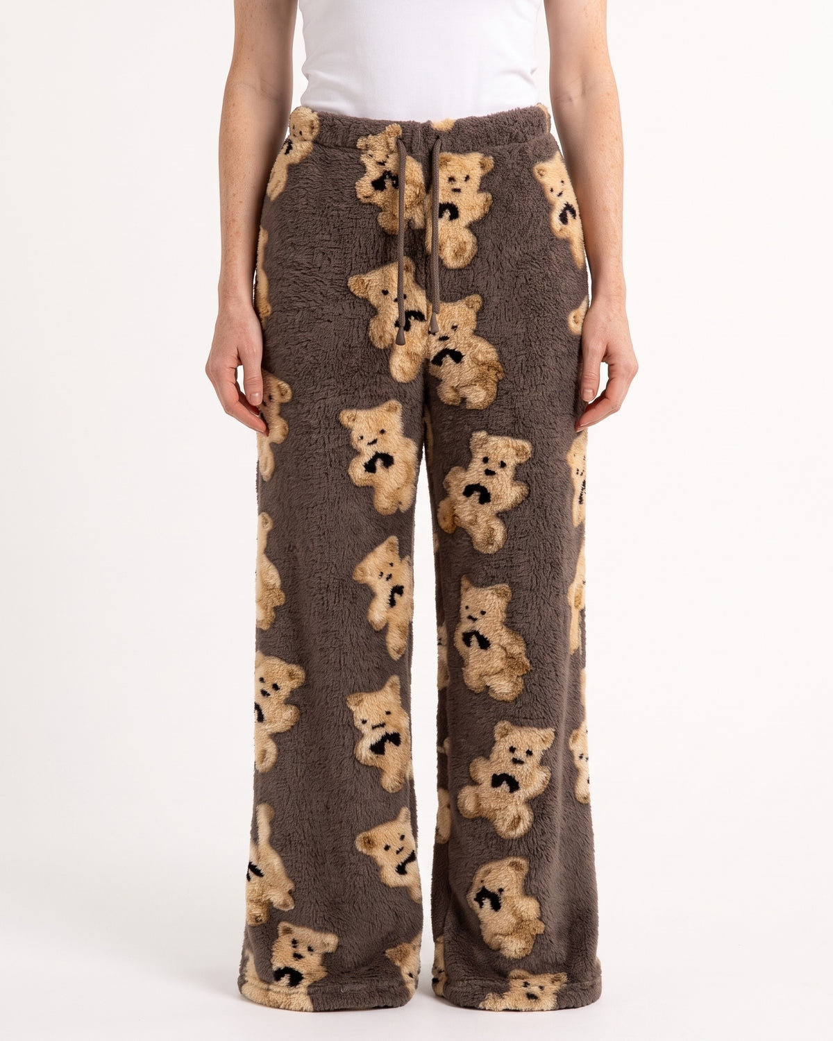 Women's brown teddy-print fuzzy lounge pants, wide-leg with elastic drawstring waist