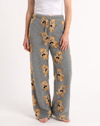 Women's gray teddy-print fuzzy lounge pants, wide-leg with elastic drawstring waist