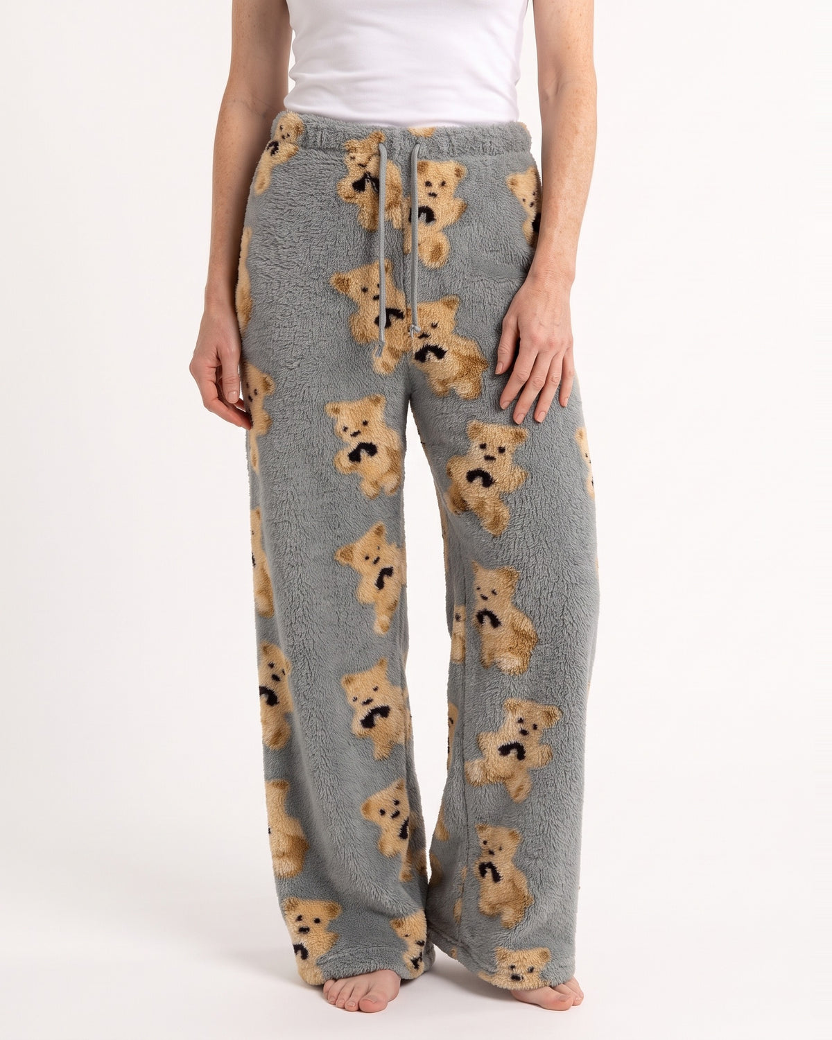 Women's gray teddy-print fuzzy lounge pants, wide-leg with elastic drawstring waist