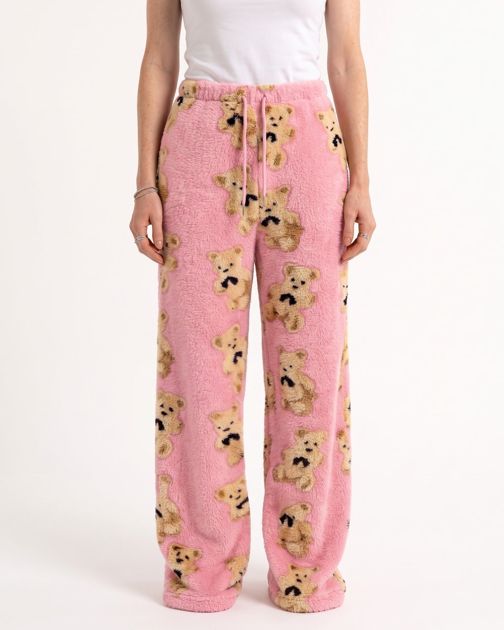 Women's pink teddy-print fuzzy lounge pants, wide-leg with elastic drawstring waist