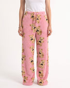 Women's pink teddy-print fuzzy lounge pants, wide-leg with elastic drawstring waist