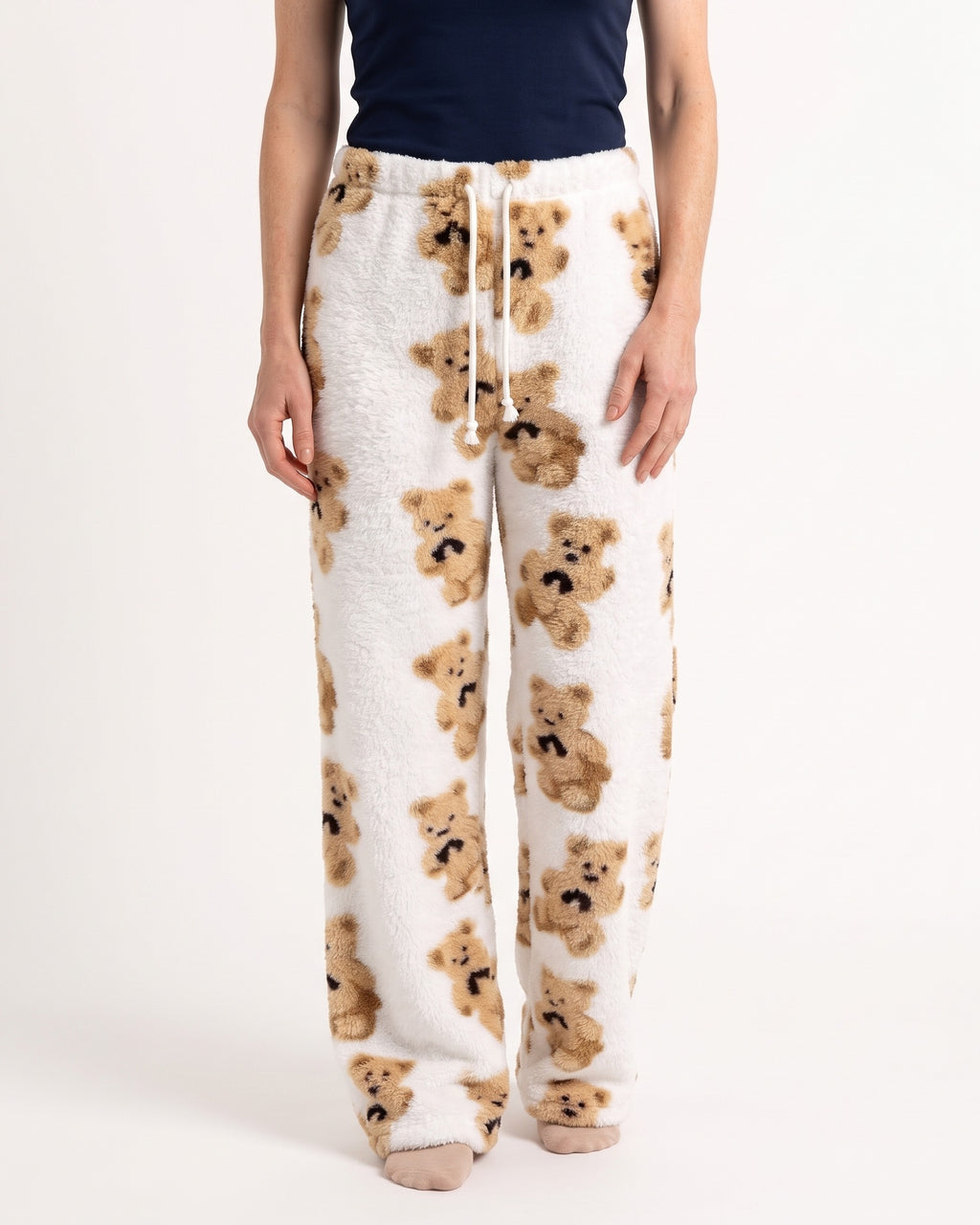 Women's white teddy-print fuzzy lounge pants, wide-leg with elastic drawstring waist