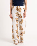 Women's white teddy-print fuzzy lounge pants, wide-leg with elastic drawstring waist